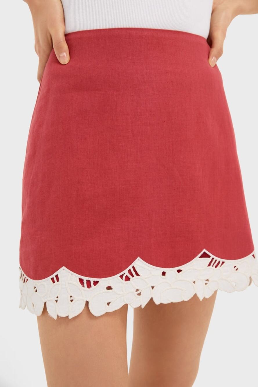 TUCKERNUCK Red Eyelet Trim Cotton Linen Meg Mini Skirt Size XS NWT